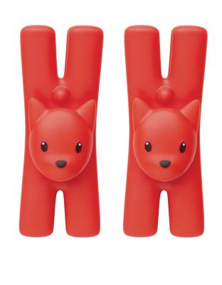 Zwei rote Alessi Lampo Klammern in Rotorange mit Katzenmotiv für Küche und Haushalt.